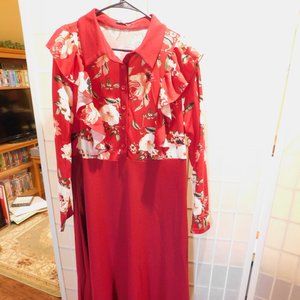 SHEIN long maxi collar deep red maroon floral ruffle long sleeve dress 2XL